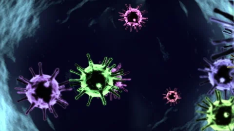 Viruses, viral cells under a microscope, floating in liquid and glowing. Vidéo 141948035