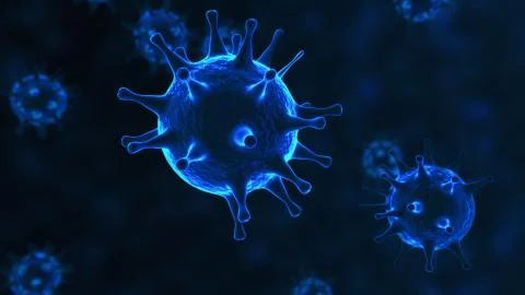 Viruses, Virus Cells under microscope, floating in fluid with blue background Illustrazione stock
