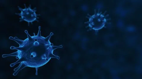 Viruses, Virus Cells under microscope, floating in fluid with blue background Illustrazione stock