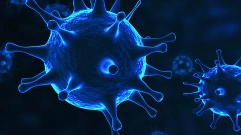 Viruses, Virus Cells under microscope, floating in fluid with blue background Illustrazione stock