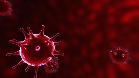 Viruses, Virus Cells under microscope, floating in fluid with red background Illustrazione stock