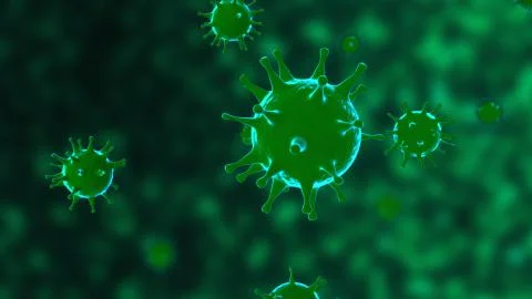 Viruses, Virus Cells under microscope, floating in fluid with green background Illustrazione stock