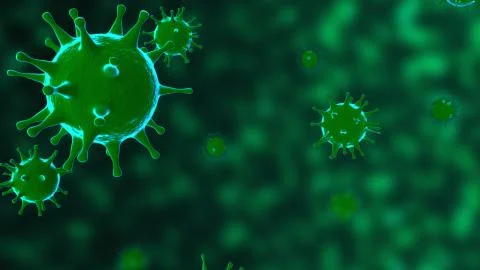 Viruses, Virus Cells under microscope, floating in fluid with green background Illustrazione stock