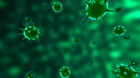 Viruses, Virus Cells under microscope, floating in fluid with green background Illustrazione stock