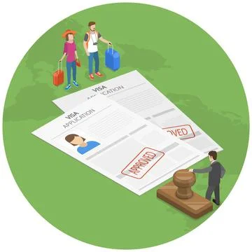 Visa application flat isometric concept. Young couple with trunks for trav... Foto stock