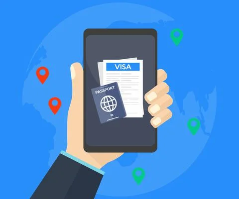 Visa application on smartphone screen logo design. Illustrazione stock