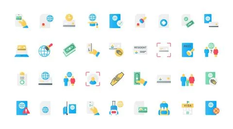 Visa approval and registration flat icons set, legal documents for immigration. Stock Illustration