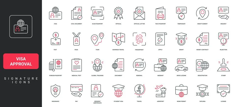Visa approval, work and student grant, foreign travel documents, insurance line Stock Illustration