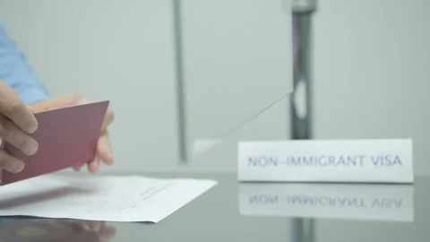 Visa center officer checking and putting stamp into the passport Stock Footage 248698401
