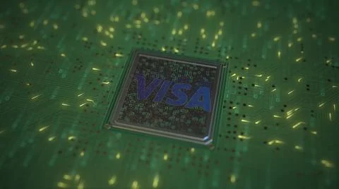 VISA logo on the chip on computer board. Conceptual editorial 3d rendering Stock Illustration