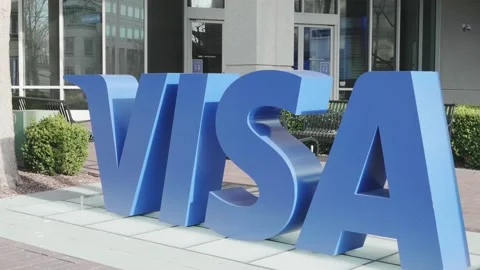 VISA logo display outside their headquarters in Foster City, California Stock Footage 171189907