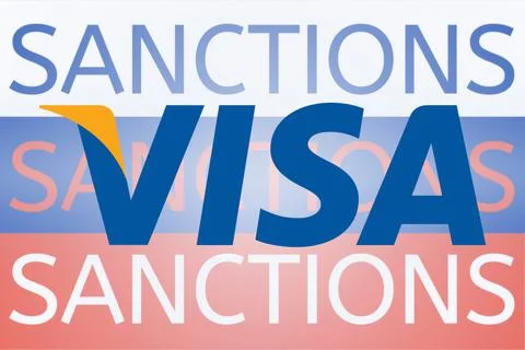Visa logo in front of the sanction text on the Russian flag. Fresh sanctions Stock Photos