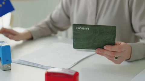Visa Officer Working with Documents in EU Embassy Stock Footage 197988522