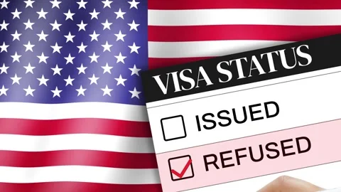Visa refused concept 4k footage with United States of America flag waving Stock Footage 313343541