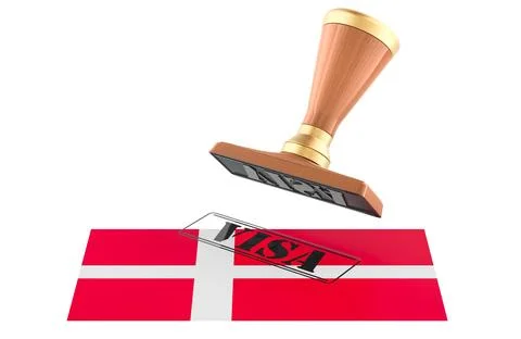 Visa stamp over Denmark flag, travel document approval concept. 3D rendering Stock Illustration