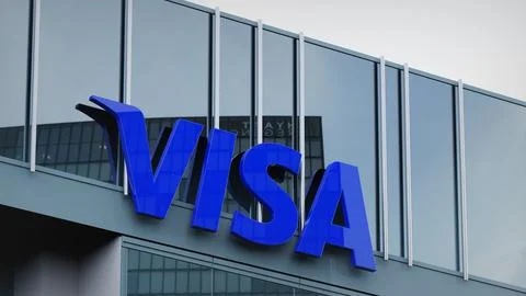 Visa Stock data presented on the logo of the office facade editorial Stock Photos