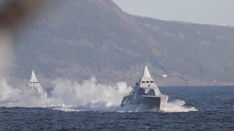 Visby Class Stealth Missile Corvettes navigating in the ocean Stock Footage 114018533