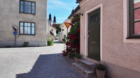 Visby Cobblestone Corner with Rose-Covered Pastel House, Sweden Vidéo 347671483