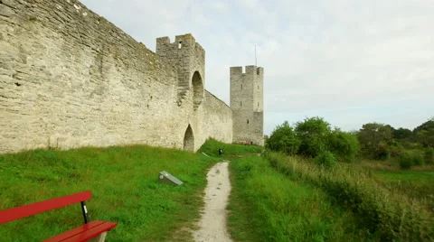 Visby medieval citywall during morning on the island Gotland in Sweden Stock Footage