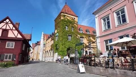 Visby Square with Medieval Tower and Outdoor Dining, Sweden Stock Footage 347671806