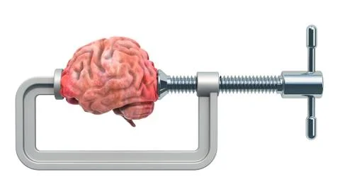 Vise with human brain. Headache or stress concept, 3D rendering Stock Illustration
