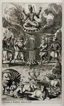 Vishnu in his incarnation as Kurma the turtle. Engraving, 1672. イラスト素材