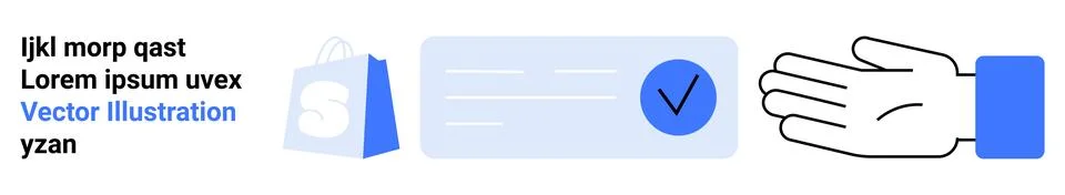 Visible elements include a shopping bag, a checkmark on a document, and a han 스톡 일러스트