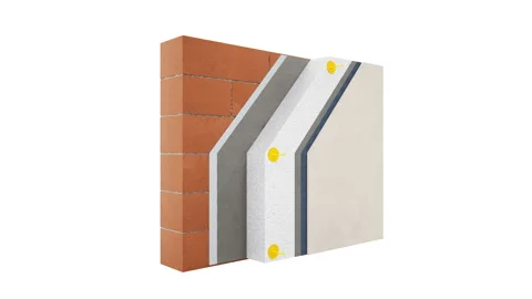 Visible structure of wall: bricks, blocks, foam, plaster mesh and coat. 動画素材 113176404