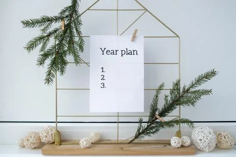 Vision board with YEAR PLAN new year resolutions aims goals on paper note Stock Photos