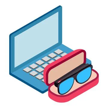 Vision care icon isometric vector. Computer glasses in case and open laptop icon Stock Illustration