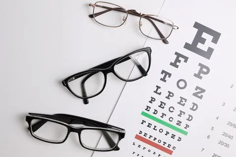 Vision correction glasses on the background of a vision test table with space Stock Photos