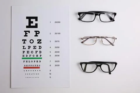 Vision correction glasses on the background of a vision test table with space Stock Photos