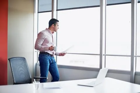 Vision, documents and window with business man in office for research, project Stock-Fotos