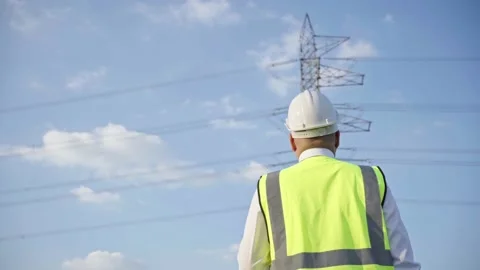 Vision of engineer. Electrical engineer working with radio walkie talkie Stock Footage 149804916