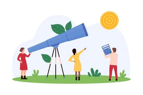 Vision of future opportunity and direction, tiny people look through telescope Stock Illustration