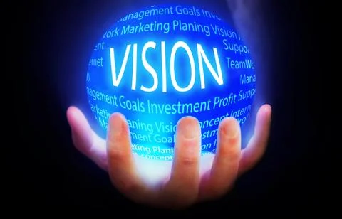 Vision globe in hand blue,concept background isolated black business Illustrazione stock