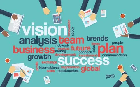 Vision leading to success concept vector background. Word cloud with hands Stock Illustration