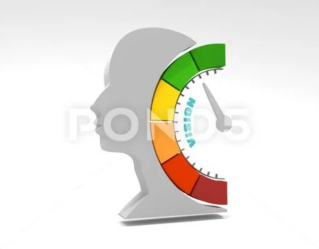 Vision measuring device with arrow and scale and human head. 3D render ...
