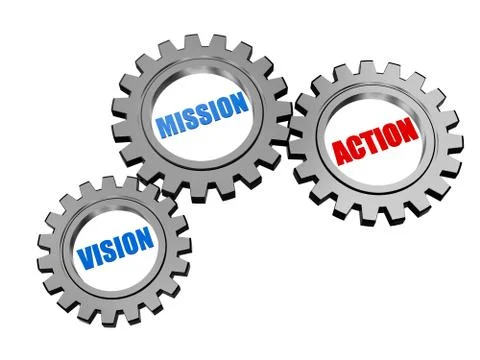 Vision, mission, action in silver grey gears Illustrazione stock
