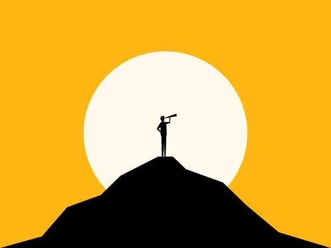 Vision, predict the future. Man looking at telescope on top of a high mountai Stock Illustration