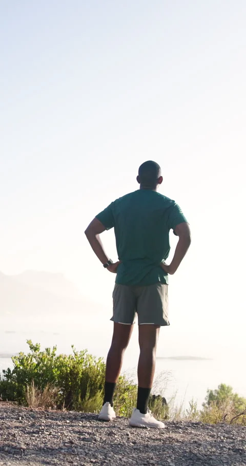 Vision, runner and back of man in nature for workout break, fitness and Stock Footage 337454216