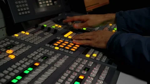 Vision Switcher Studio Director broadcast video mixer operation Stock Footage 144494974