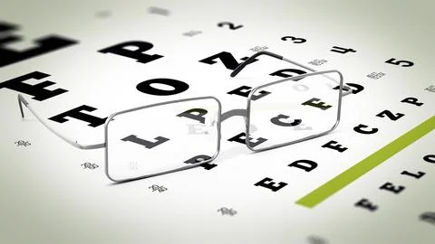 Vision test chart and eyeglasses. 3D illustration Stock Illustration