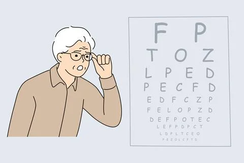 Vision test for elderly man looking at table with letters at appointment with Stock Illustration