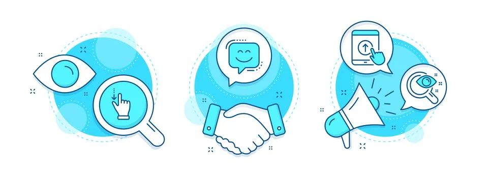 Vision test, Swipe up and Smile face icons set. Touchscreen gesture sign. Vector Stock Illustration