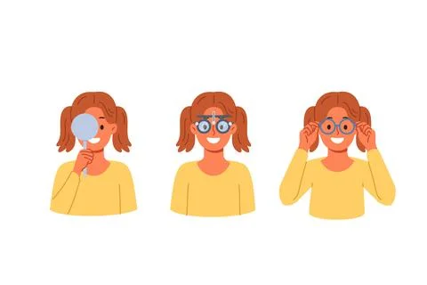 Vision testing and choice of glasses in ophthalmic clinic for little girl Stock Illustration