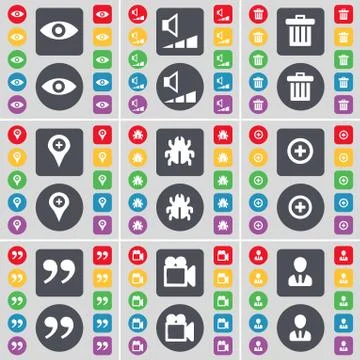 Vision, Volume, Trash can, Checkpoint, Bug, Plus, Quotation mark, Film camera, A Stock Illustration