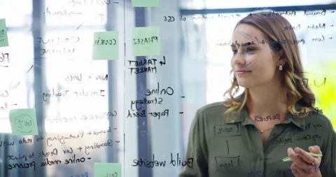 Vision, writing and window with business woman in office for planning Stock Footage 345805594
