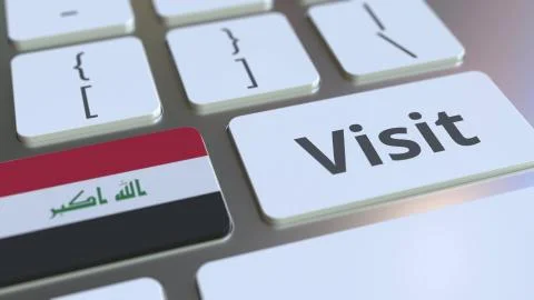VISIT text and flag of Iraq on the buttons on the computer keyboard. Conceptual Stock Illustration