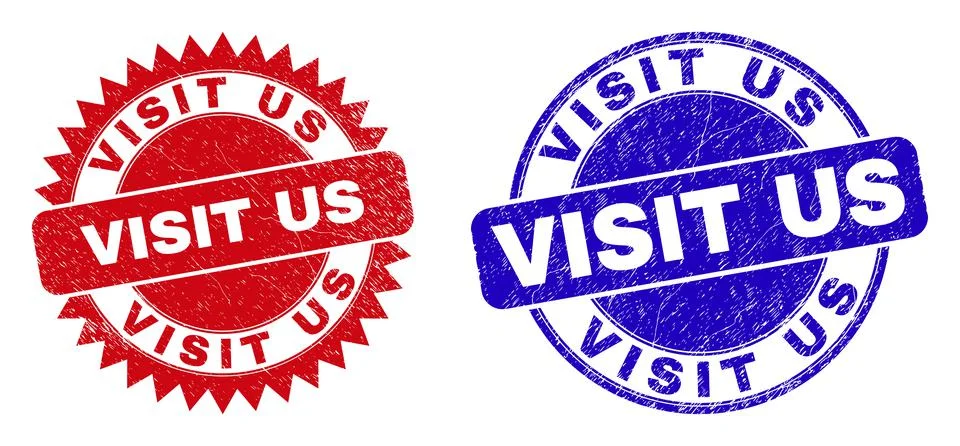 VISIT US Rounded and Rosette Stamps with Grunge Texture Illustrazione stock
